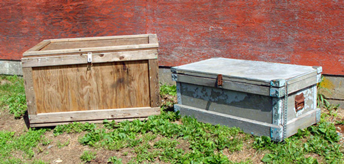 Wooden packing crate, wood and metal trunk